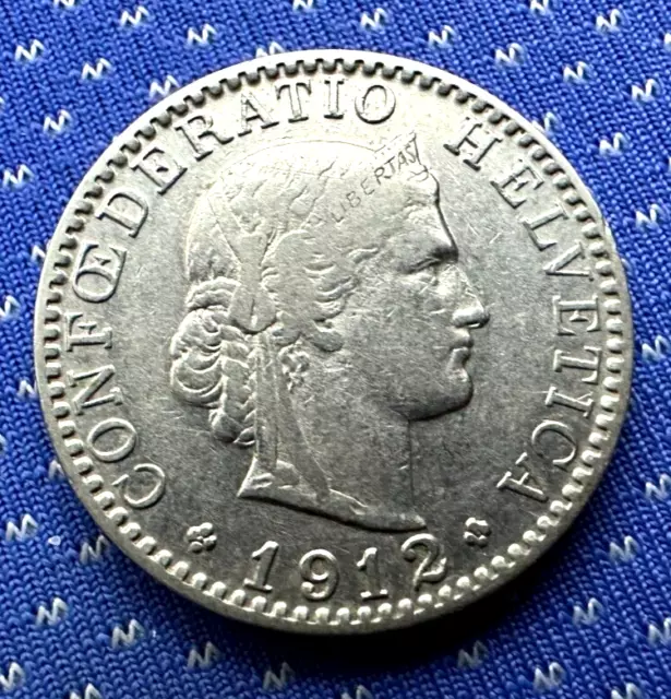 1912 Switzerland 20 Rappen Coin XF AU  ( 2 Million Minted )  #M628