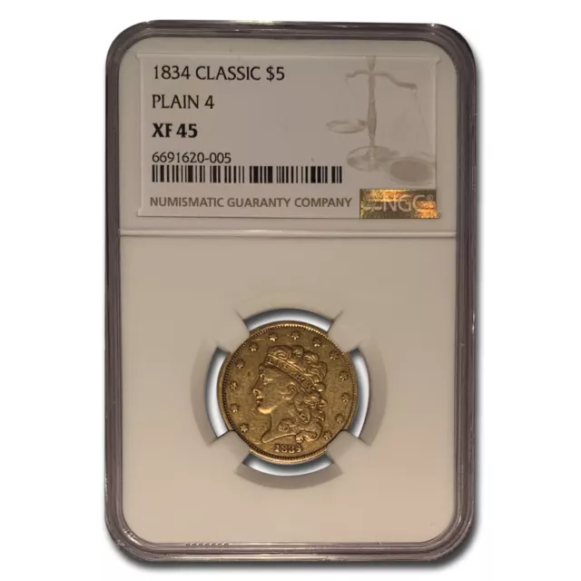 1834 $5 Gold Classic Head Half Eagle Plain 4 XF-45 NGC