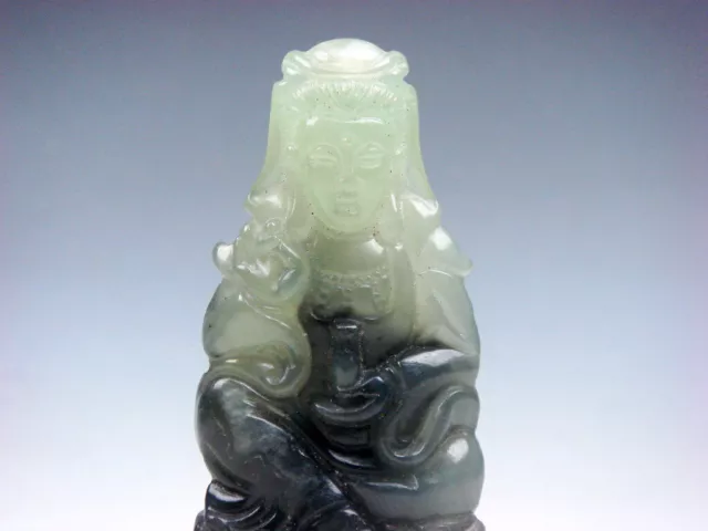 Old Nephrite Jade Stone Carved Seated Kwan-Yin Buddha & Water Bottle #07182313 2