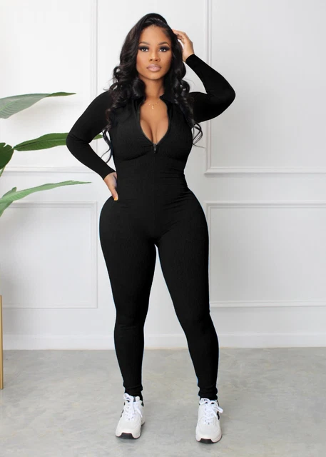 New black front zip full length jumpsuit lounge wear sport travel plus size 16
