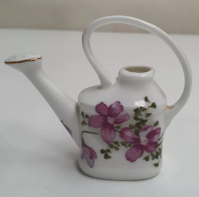 Miniature Porcelain Watering Can Ornament Decorated with Purple Violets 6.5cm