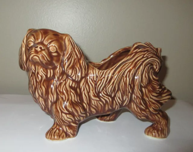 Vintage Pekingese Dog Planter Brown Pottery Unmarked 7" Long x 5" Tall