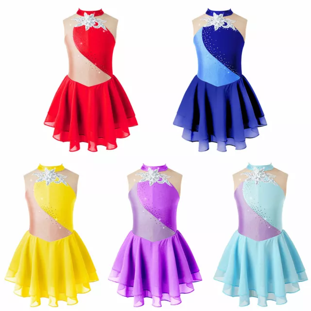 Kids Girls Roller Skating Dress Ballet Dance Rhinestone SequinsDress Costumes