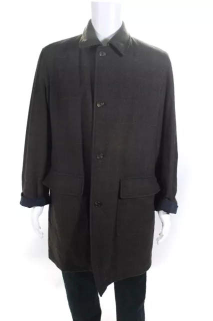 Brioni Mens Brown Blue Wool Cotton Plaid Long Sleeve Reversible Coat Size L