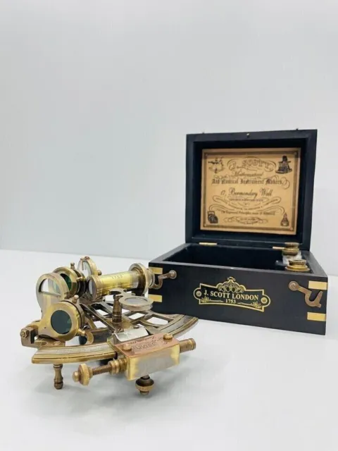 Handmade Vintage J.SCOTT Antique Brass Sextant Nautical with Hardwood Box