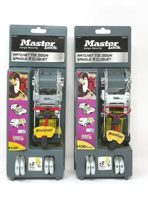 x2 Master Lock Cargo Security Ratchet Tie Down Double J Hooks 4.5m x 35mm 1250kg