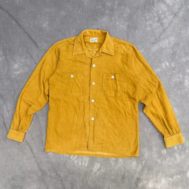 True Vintage Leisuroy Corduroy Shirt Mens Medium Mustard Brown Long Sleeve 60s