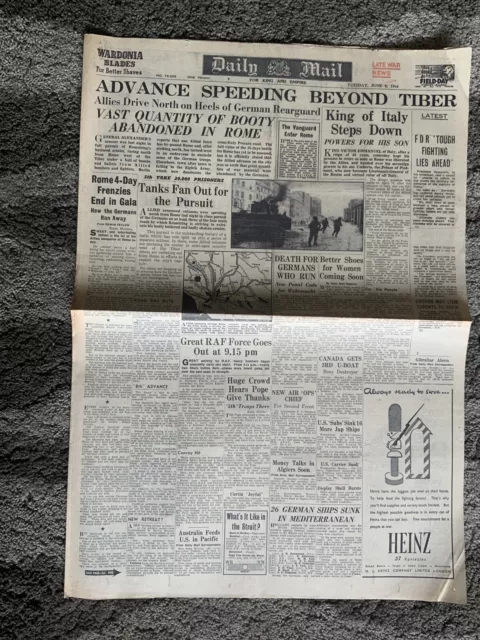 Vintage Daily Mail June 6 1944 Rome Liberation Pre D Day Reporting Ww2 RAF 40s