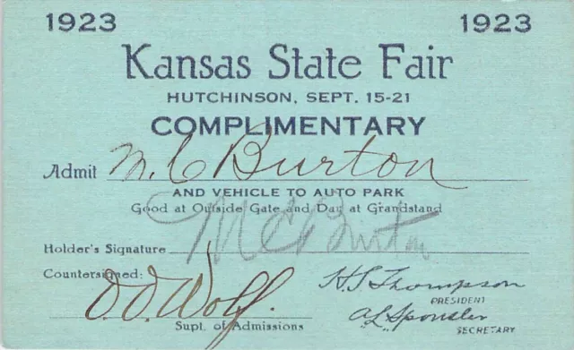 1923 Kansas State Fair Hutchinson Business Trade Club Card Ticket