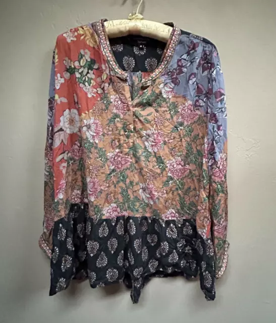 Feathers by Tolani Womens Multicolor Floral Henley Top Blouse Size M Long Sleeve