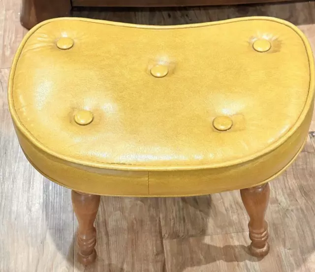 Mid Century Modern Kidney Shaped Gold Vinyl Foot Stool Button Tufted 17.5x 11.5"