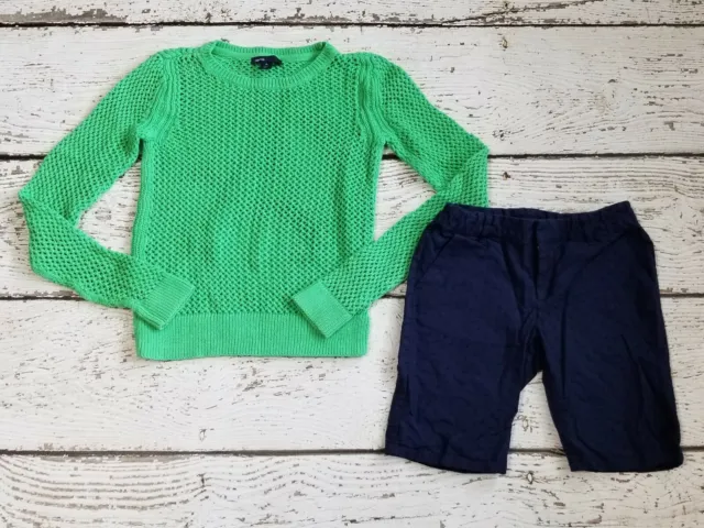 GAP KIDS 8 10 Girls 1969 Green Open Weave Spring Sweater and Blue Knit Shorts