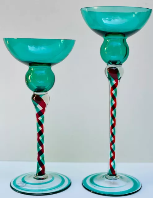 2 Tall  Green Red Clear Handblown Polish Crystal Art Glass Candle Stick Holders