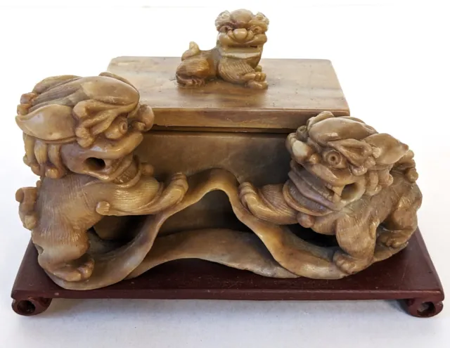 Vintage Oriental Lidded Box with Guardian Foo Lion Dogs Hand Carved Stone 12cm V