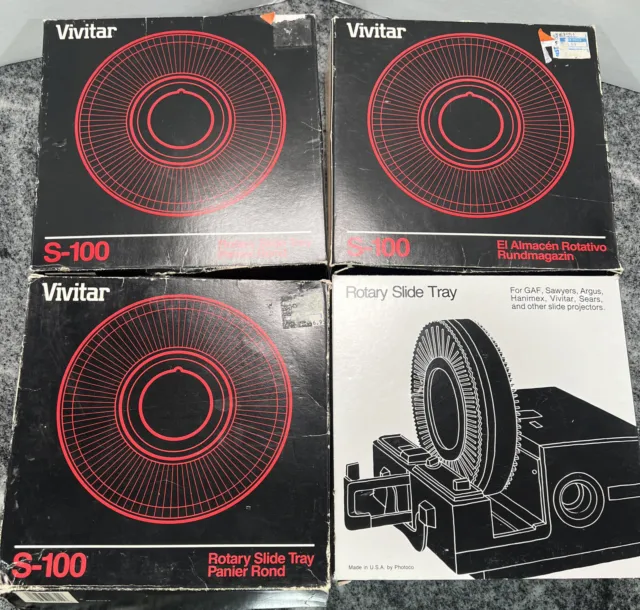 3 Vivitar S-100 &  1 Photoco Rotary Slide Tray Holds 100 2X2 Slides 4 Trays