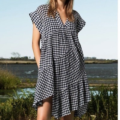 Sea New York ruffle gingham dress cottagcore blue white pockets size 2 •