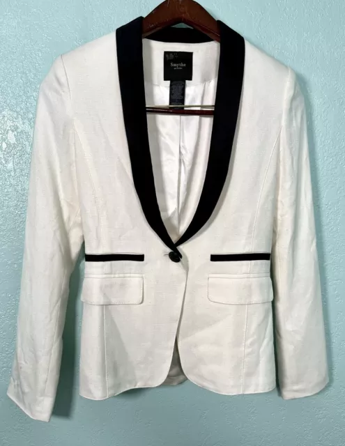 Smythe Ivory Black Tuxedo Style Single Button Viscose Blazer Jacket Womens Sz 2