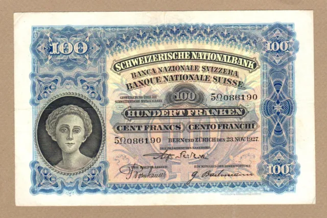 SWITZERLAND: 100 Franken Banknote,(VF),P-35d, 23.11.1927,No Reserve!