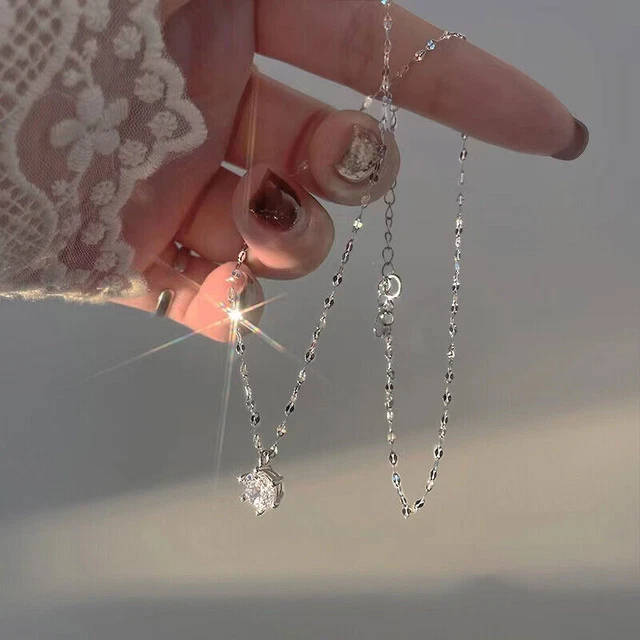 925 Silver Filled Round Crystal Pendant Chain Necklace Womens Jewellery Choker