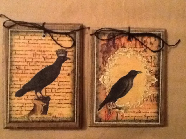 5 WOODEN Black Crow Halloween HangTags,Ornaments,Crow ORNIES SET:V Handcrafted