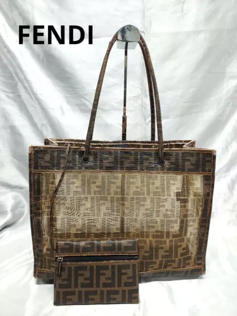 FENDI Zucca Mesh Tote Bag with Pouch in Good Condition - Ships from Japan