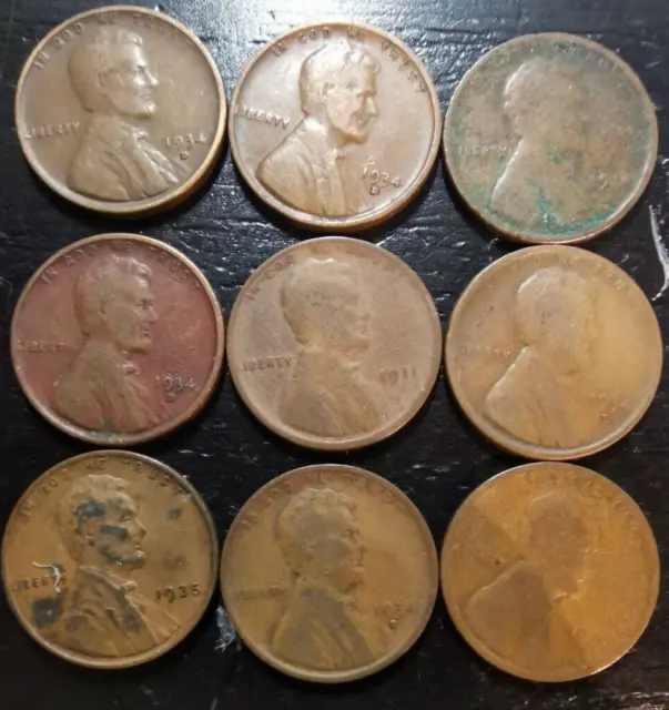 Vintage Lincoln Wheat Pennies - PDS 1909-1958 US Coins - All Date (9 Coins)