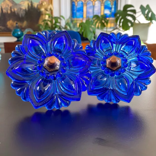 2 Vintage COBALT BLUE Glass Sandwich Curtain Drapery Tiebacks LARGE 4" PAIR