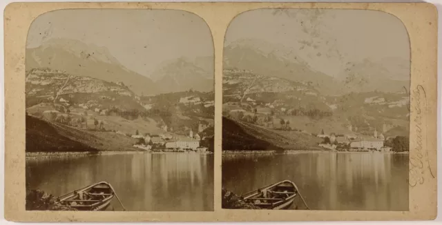 Lac d'Annecy Abbey of Talloires France Brown Photo & Fils Stereo Citrate c1900