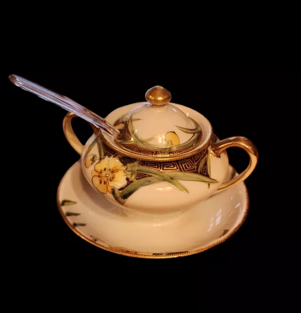 Vintage Nippon Porcelain Hand Painted Sugar Bowl with Lid Gold Guilded Satsuma