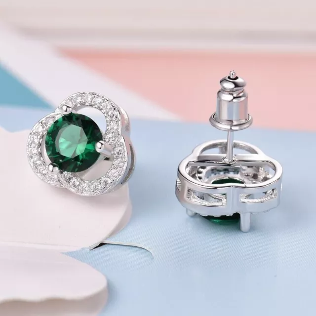 2Ct Round Cut Lab Created Green Emerald Halo Stud Earrings 14K White Gold Plated 3