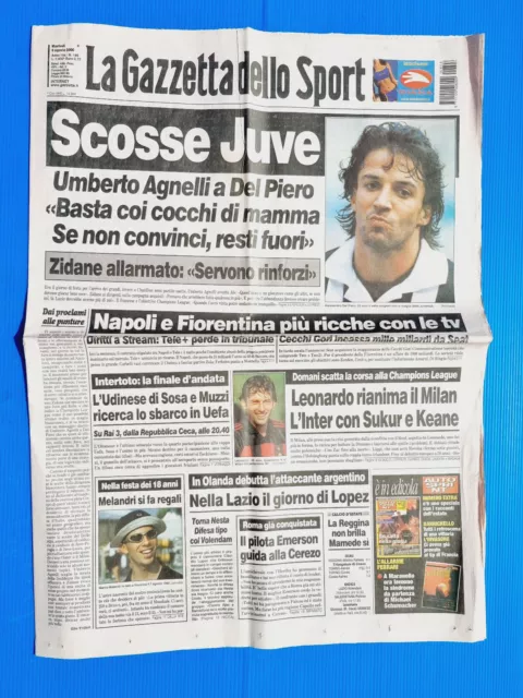 Gazette Dello Sport 8 Août 2000 Du Piero-Juventus-Leonardo-Milan-Udinese