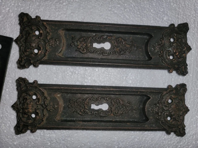 Set Rare Art Nouveau Cast Brass Bronze Russell Erwin Pocket Door Pull Plate Lock 6