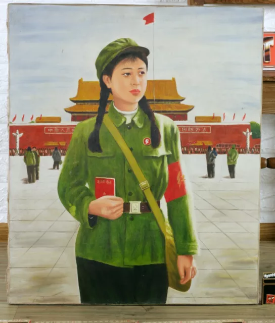 Altes Ölgemälde China Soldat Rote Armee Verbotene Stadt Mao Zedong 故宫 毛主席语录 毛澤東