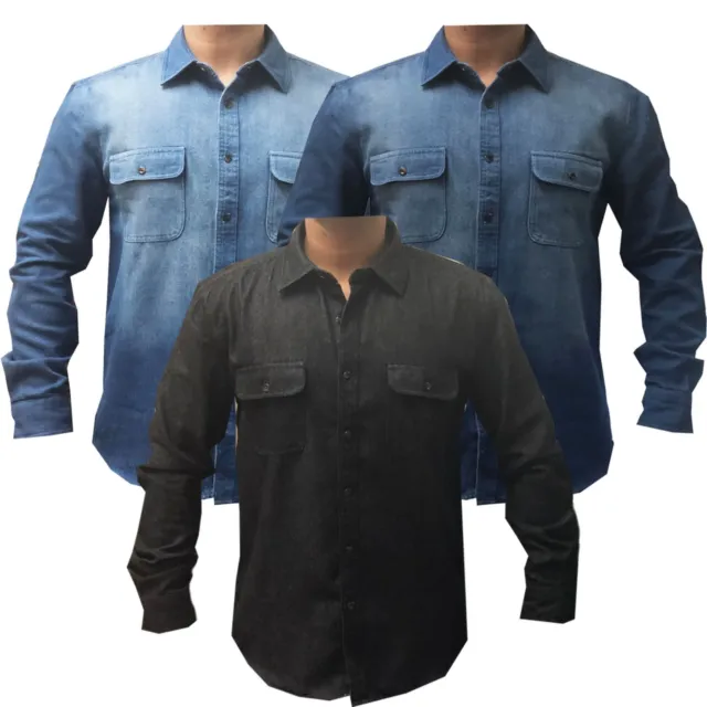 Mens Heavy Duty Denim Jeans Shirt Cotton Work Causal Flap Pocket Top Shirts New