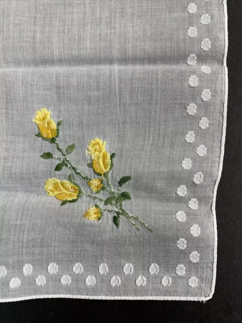 Vintage Embroidered Yellow Flowers Raised Dots Hankie Handkerchief 10.5” EUC