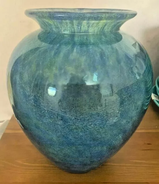 SASAKI  ART GLASS Rustica model  Crystal Blue & Green Vase  LARGE   New