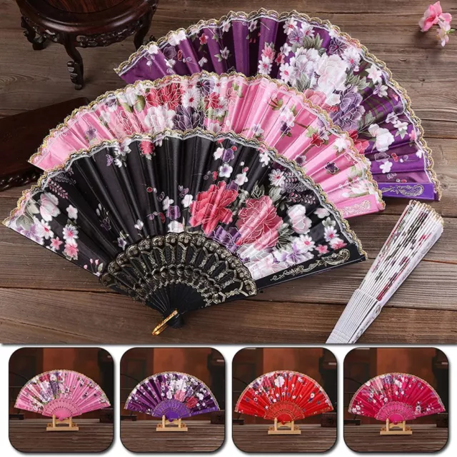 Hand Held Flower Fan Party Folding Lace Silk Chinese Style Dance Plastic Wedding