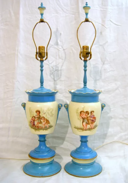 Pr. Old Paris Urns Hand Decorated Converted to Lamps Painted Wood Bases