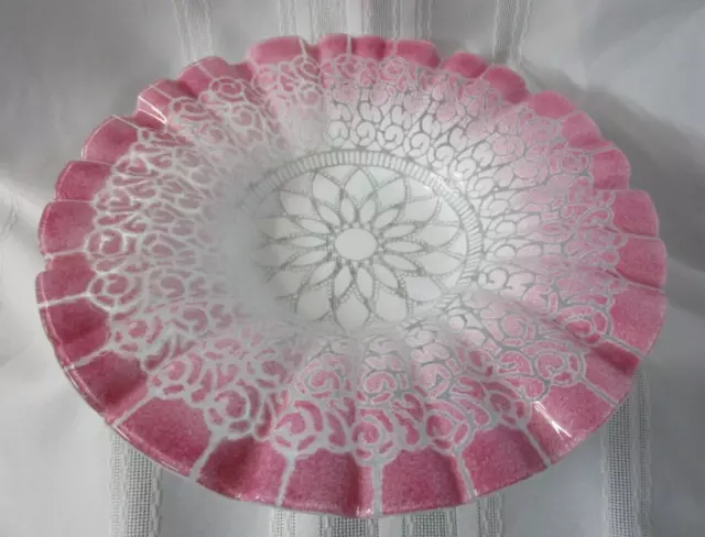 SYDENSTRICKER Embassy Pink Signed SYD Fused Art Glass Lace 13" Ruffled BOWL