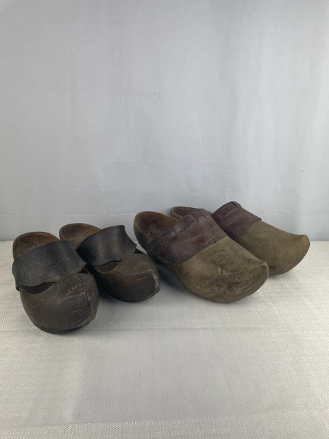 Antique French Breton Hand Carved Tooled Leather Wooden Shoes Clogs Two Pairs