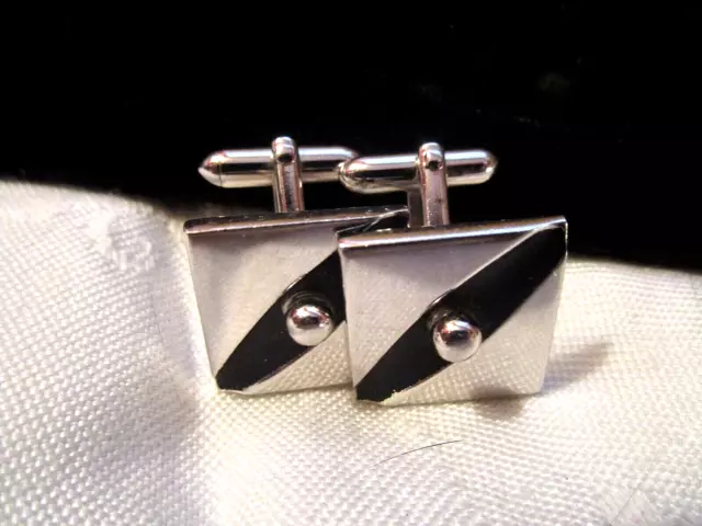 1950'S Mcm Swank Cufflinks Black Enamel Inset Surfboard  + Chrome Ball / Setting