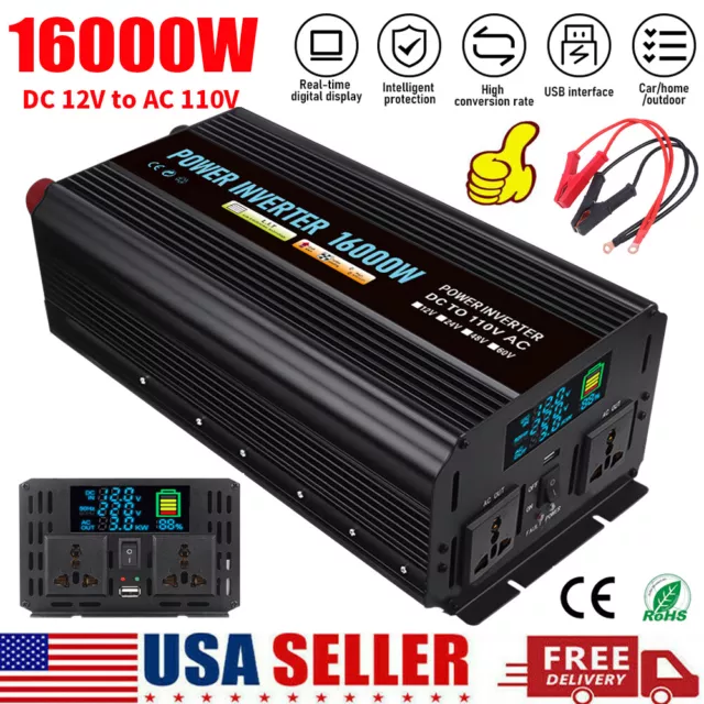 16000W 6000W Car Power Inverter DC 12V to AC 110V Sine Wave Solar Converter LCD