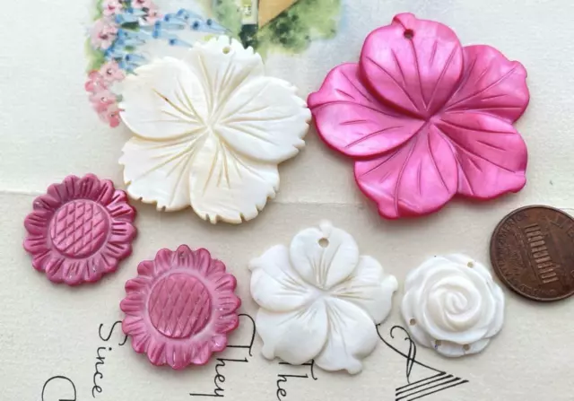 Large 20mm - 48mm Hand Carved Shell Flower Beads Charms Pendants Mix 6