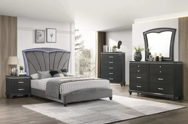 NEW LED Gray Queen King 5PC Upholstered Bedroom Set Black Modern Glam B/D/M/N/C