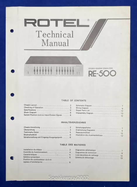 Original Rotel RE-500 Stereo Graphic Equalizer Technical Manual