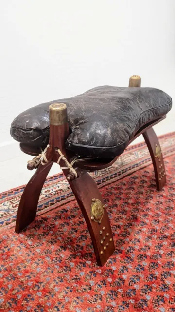 VTG Egyptian Camel Saddle Seat Ottoman Foot Stool Black Leather Wood Bench Boho