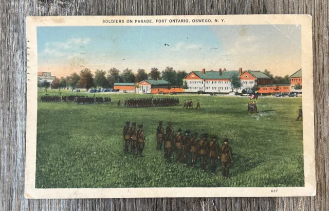 Soldiers On Parade, Fort Ontario, Oswego N.Y. Vintage Postcard