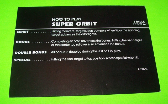 Super Orbit 1983 Orig Nos Pinball Machine Instruction Card 5/3 Balls