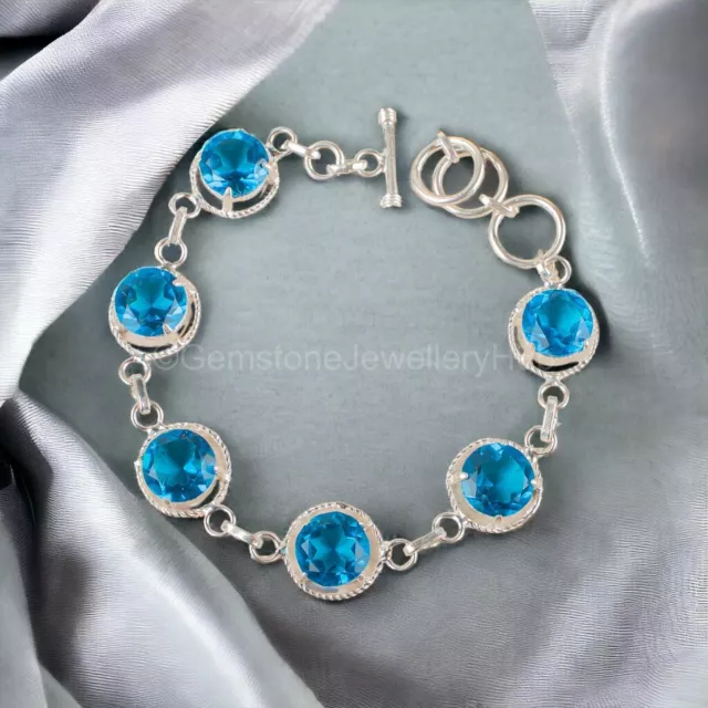 Anniversary Gift For Her Natural Swiss Blue Topaz Chain Bracelet 925 Silver