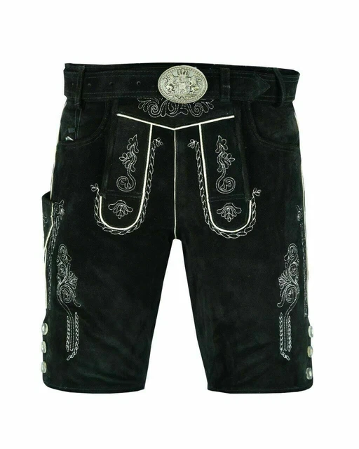 Bavarian Men's Lederhosen Short With Rustic Belt Black Oktoberfest Outfit
